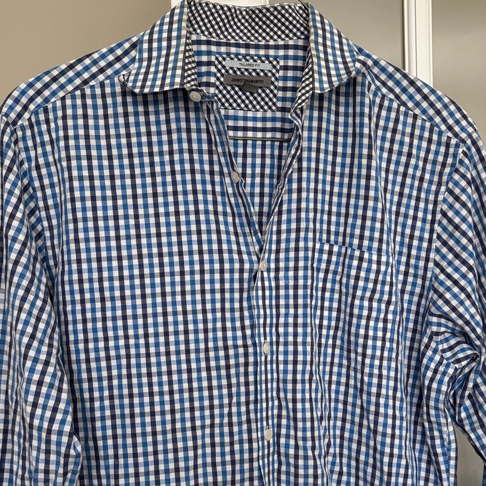 Johnston & Murphy Blue and White Checkered Shirt